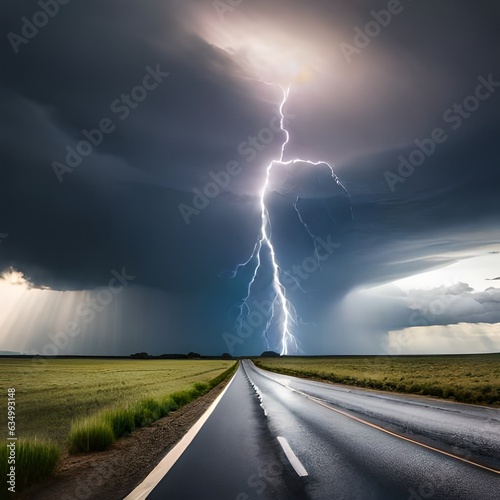 Thunderous dark sky with black clouds and flashing lightning. Panoramic view. Concept on the theme of weather, natural disasters, storms, typhoons, tornadoes, thunderstorms, lightning.AI generated