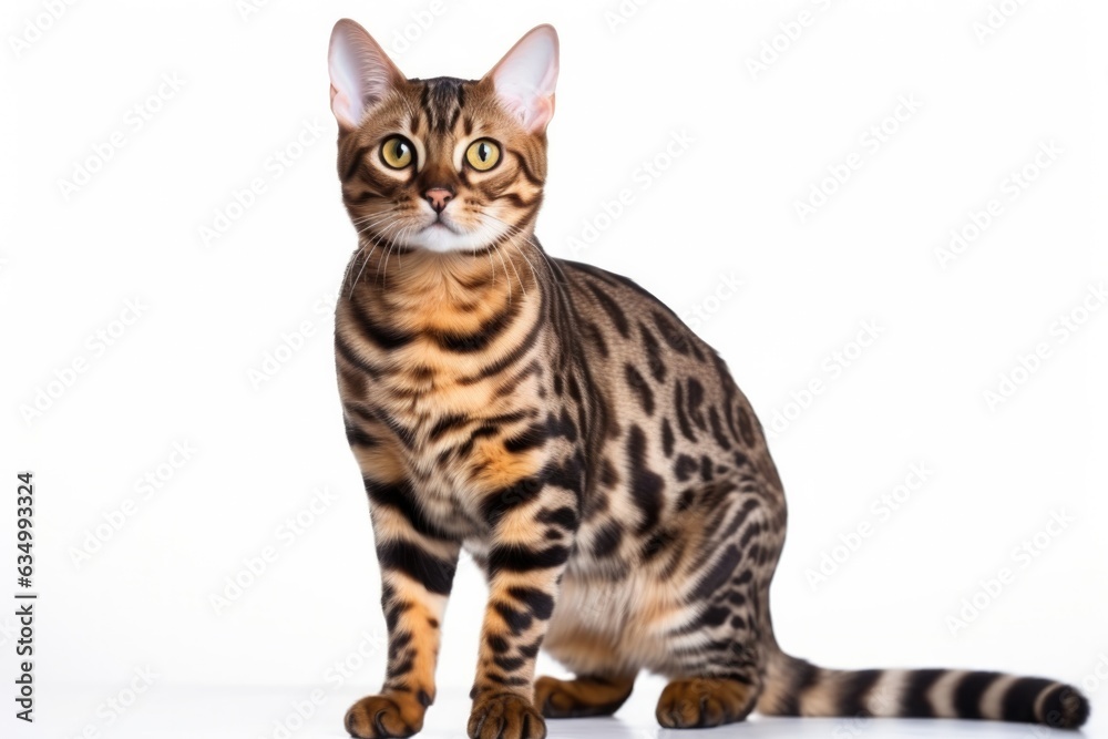 Bengal Cat Stands On A White Background