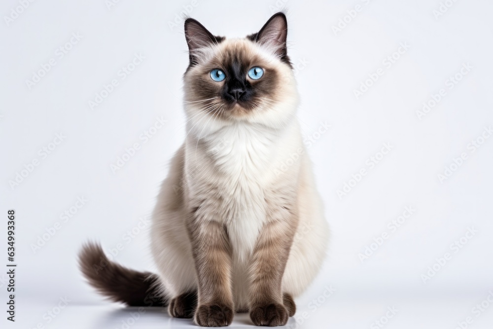 Birman Cat Stands On A White Background