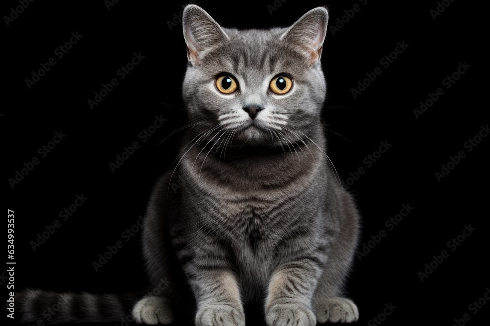 A Gray Cat Sitting On Top Of A Black Floor