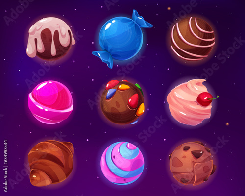 Fantasy candy planet in cartoon vector illustration set. Sweet dessert in shape of ball for game space assets. Round yummy candylands look like croissant, ice cream with cherry, pink lollipop.