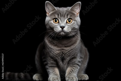 A Gray Cat Sitting On Top Of A Black Floor