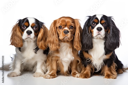 Cavalier King Charles Spaniel Family Foursome Dogs Sitting On A White Background