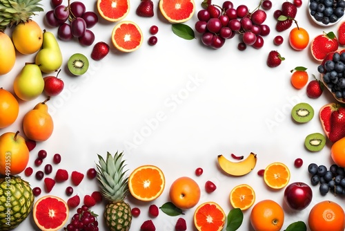 A frame of fruit on a white background copy space for text