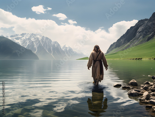 Back view of Jesus Christ walking on water