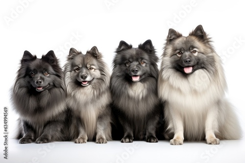 Keeshond Family Foursome Dogs Sitting On A White Background