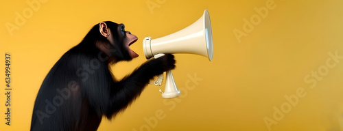 Leinwand Poster Chimpanzee monkey announcing using hand speaker
