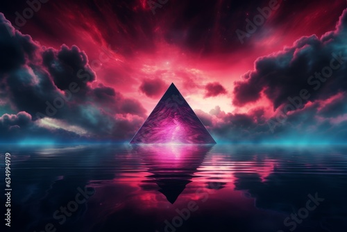 3d render, abstract fantasy background. Unique futuristic wallpaper with triangular geometric shape glowing with pink red neon light