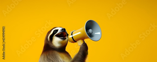 Sloth announcing using hand speaker. Notifying, warning, announcement
