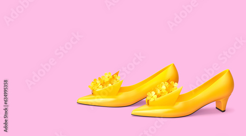 Yellow shoes with bow and flowers decoration isolated on pink background. Clipping path included