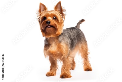 Yorkshire Terrier Dog Stands On A White Background