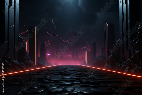 Boundless darkness evolves into a 3D futuristic landscape  an artistic sci-fi marvel. Generative AI
