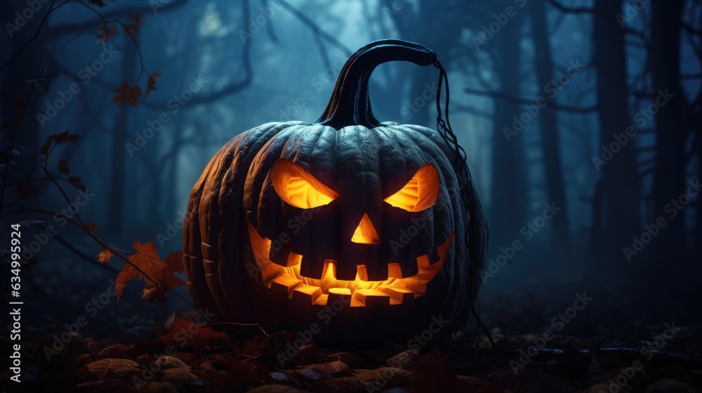 Close up of a carved pumpkin with a scary face glowing in a dark forest Close up of a carved pumpkin with a scary face glowing in a dark forest