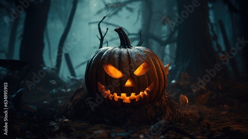 Close up of a carved pumpkin with a scary face glowing in a dark forest © Jane Kelly