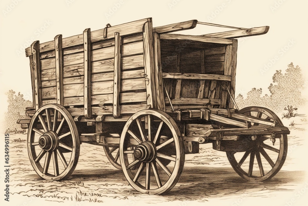 Illustration of a wooden cart seen from behind during the medieval period. Generative AI