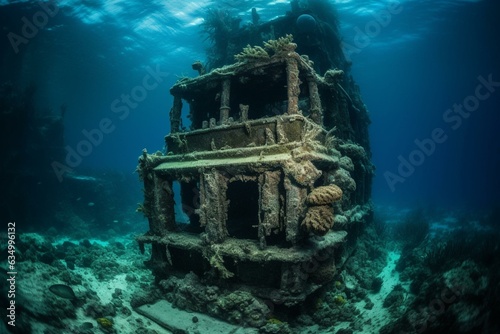 Deep sea ruins with lost architecture and aquatic life. Generative AI