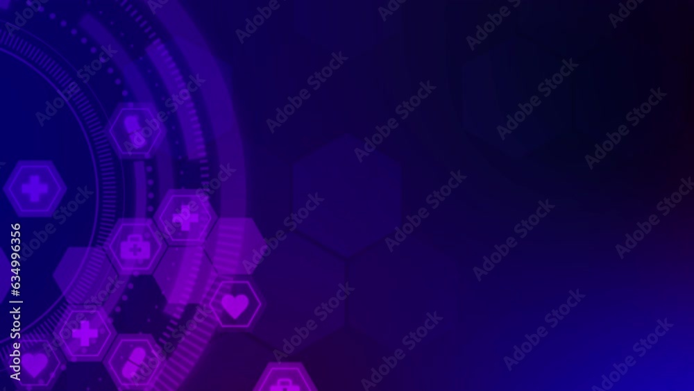 Blue medical background with empty space for text. Copy space. Icons of hearts, crosses, medicines, healthcare in hexagons. Looped animation.