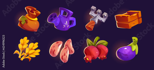 Cartoon set of farm game assets and harvest isolated on background. Vector illustration of sack, garden rake, wooden crate, grain, beans, pomegranate, eggplant. Gardening tools, fruit and vegetables
