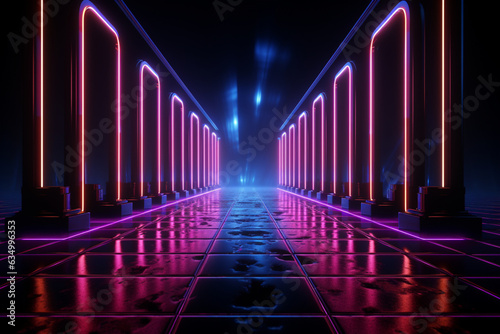 Futuristic columns and neon lights frame a 3D geometric backdrop, endless creativity. Generative AI