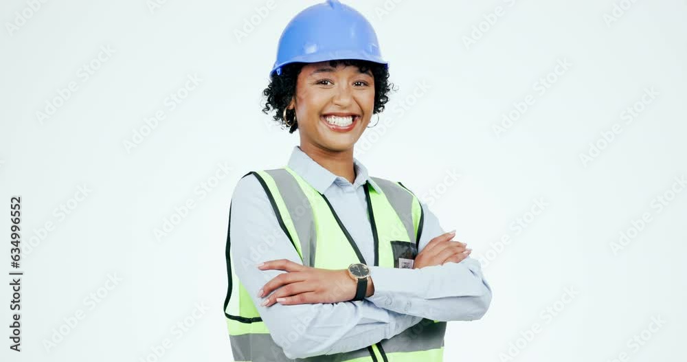 Construction, face and smile of woman in studio with arms crossed for building project, maintenance or engineering. Portrait, architect and happy industrial contractor with helmet on white background Construction, face and smile of woman in studio with arms crossed for building project, maintenance or engineering. Portrait, architect and happy industrial contractor with helmet on white background