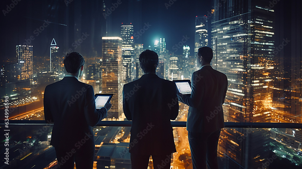 Several businessmen with tablets in their hands with business district background Several businessmen with tablets in their hands with business district background