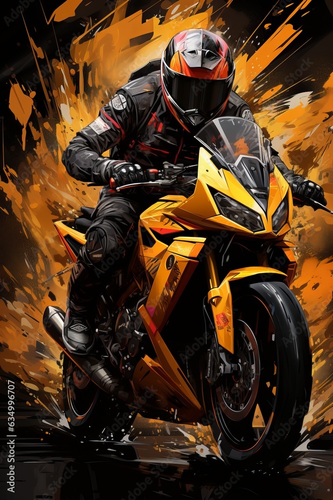 Biker in Action on a Motorcycle, grunge background, Bike Rider