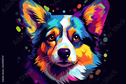 Portrait of a welsh corgi dog created with bright paint splatters
