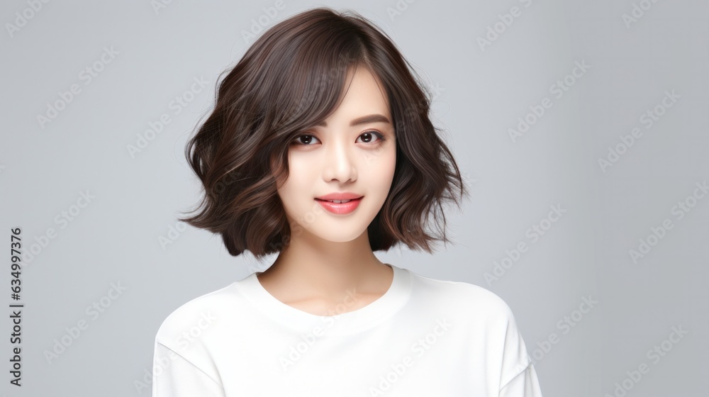Asian women hair model, bob cut hair style on white background. - obrazy, fototapety, plakaty 