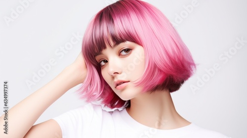 Asian women hair model, pink bob cut hair style on white background.