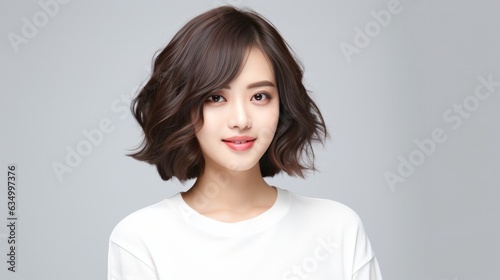 Asian women hair model, bob cut hair style on white background.
