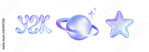 3d holographic stars and planets set in y2k, futuristic style on white background. Render 3d cyber chrome galaxy emoji with falling star, planet, bling, sparks. 3d vector y2k illustration