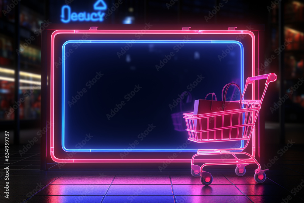 Neon sign: love-themed shopping bag, infusing romance into promotional aesthetics. Generative AI