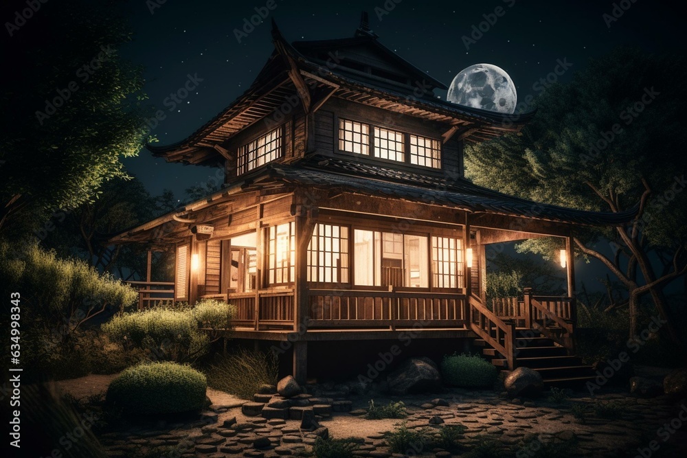 Concept artwork of a serene Japanese wooden house illuminated by moonlight. Generative AI