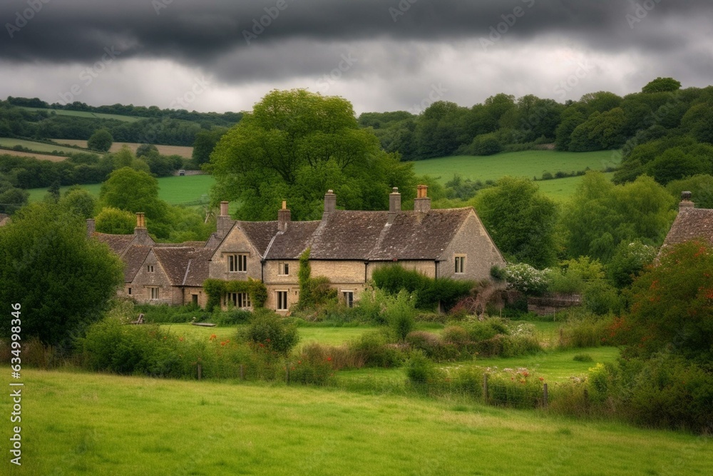 Picturesque English countryside featuring charming homes & lush green fields. Generative AI