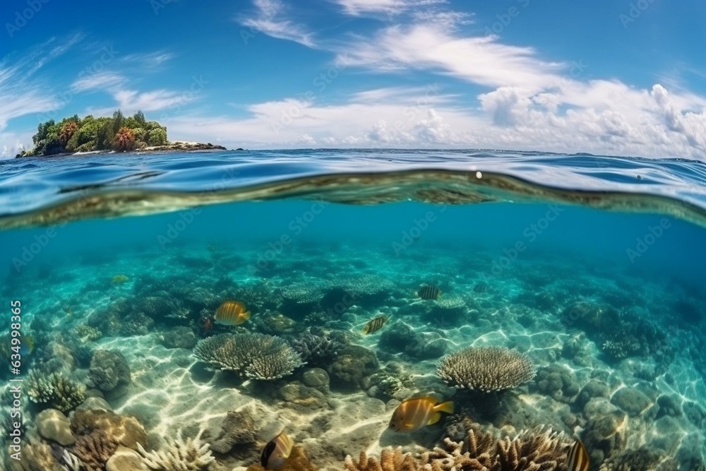 Underwater exploration in exotic ocean coral reef, swim among marine life in Caribbean, Fiji or Maldives. Generative AI