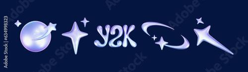 3d holographic stars and planets set in y2k, futuristic style on dark background. Render 3d cyber chrome galaxy emoji with falling star, planet, bling, spark, moon, hearts. 3d vector y2k illustration.