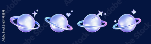 3d holographic stars and planets set in y2k, futuristic style on dark background. Render 3d cyber chrome galaxy emoji with falling star, planet, bling, spark, moon, hearts. 3d vector y2k illustration.