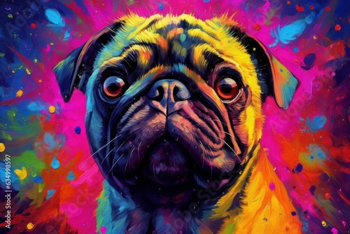 Bright abstract art - portrait of a pug dog painted with splashes and splatters of paint