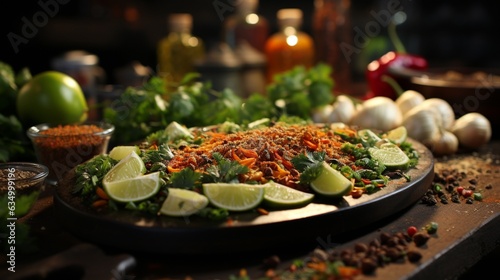 A variety of spices are on a cutting board with a green vegetable in the background.