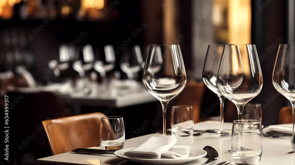 Restaurant table with wine glasses. Generative ai design.