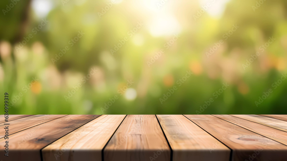 Empty wooden table and nature background. Generative ai design concept.