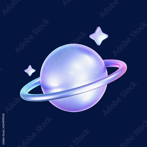 3d holographic galaxy planet icon with stars in y2k style isolated on dark background. Render of 3d iridescent chrome planet emoji with rainbow gradient effect. 3d vector y2k illustration