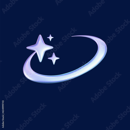 3d holographic falling or flying star in y2k futuristic style isolated on dark background. Render 3d cyber chrome galaxy shooting star emoji with blings and sparks. 3d vector y2k illustration