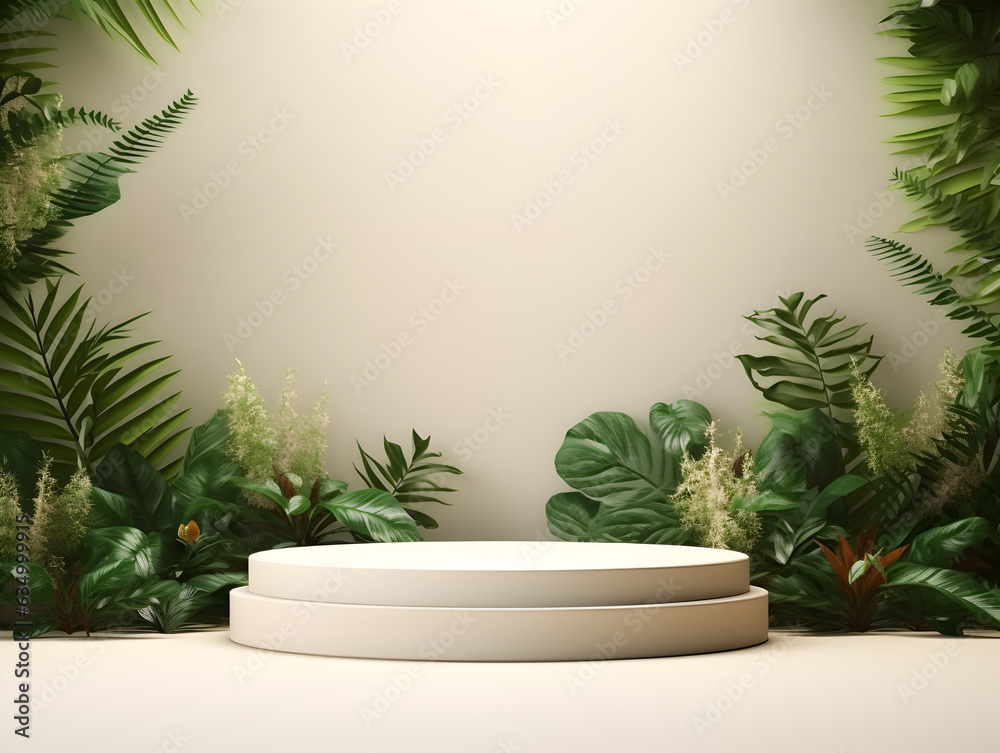 Round podium and pedestal stand platform for display product in flowers leaves and tree plants of Nature, 3d render illustration, Generative AI Round podium and pedestal stand platform for display product in flowers leaves and tree plants of Nature, 3d render illustration, Generative AI