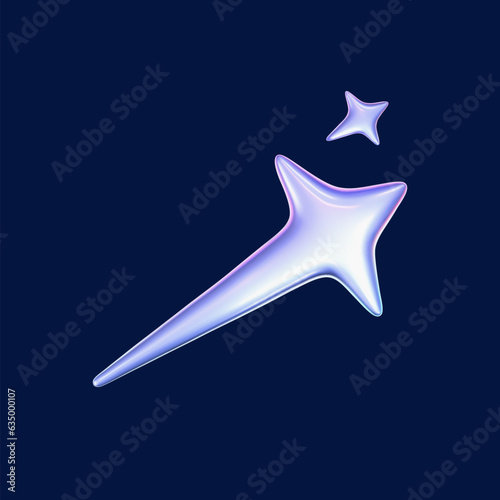 3d holographic falling or flying star in y2k futuristic style isolated on dark background. Render 3d cyber chrome galaxy shooting star emoji with blings and sparks. 3d vector y2k illustration