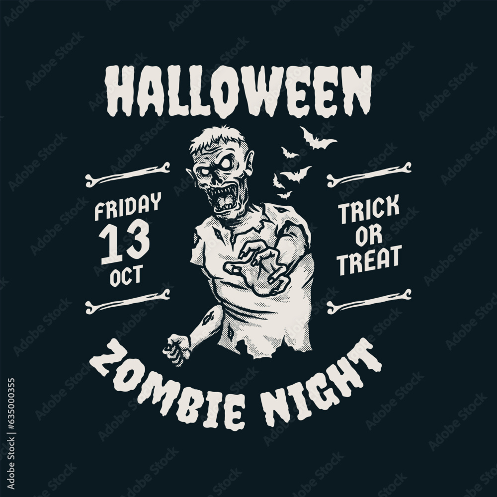 Halloween vintage label vector illustration with zombie monster