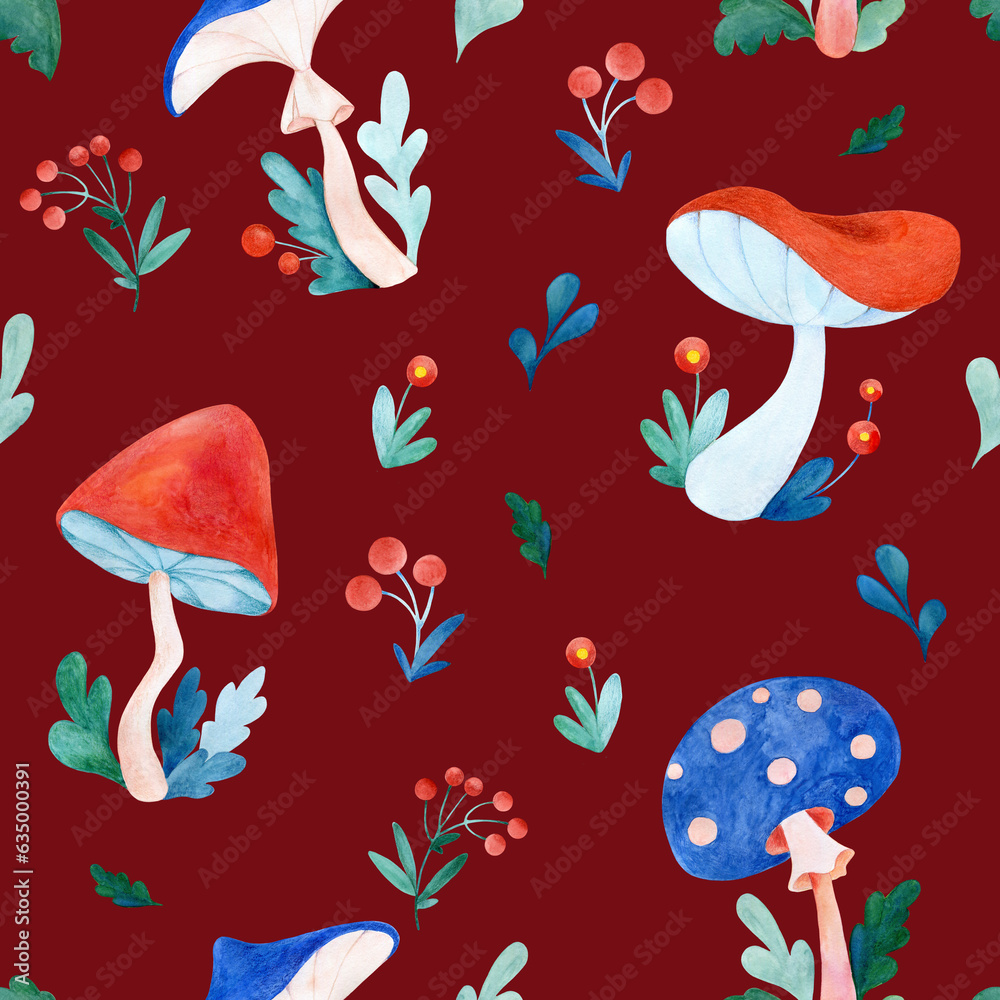 Naklejka premium A watercolor seamless pattern of forest mushrooms and leaves on a burgundy background. Cartoon style