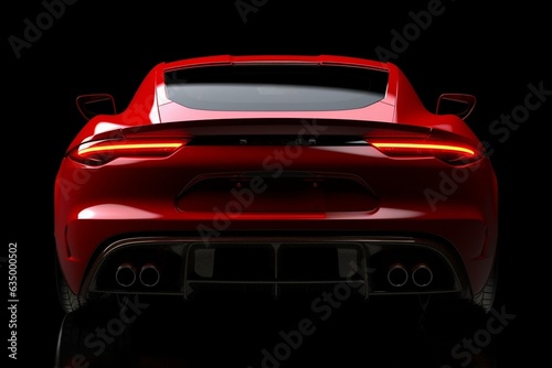 A 3D rendering of a red sports car's rear end and taillights in isolation on a black background, viewed from below. Generative AI