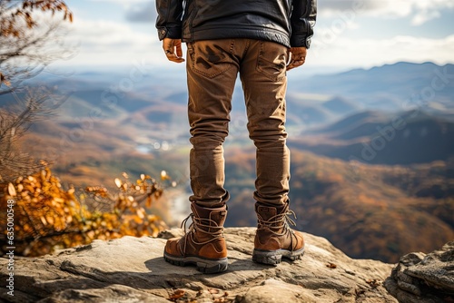 close view the legs of a young man standing on a hill