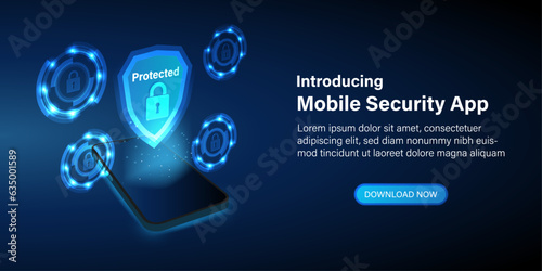 Mobile security app and data Protection. Web and cyber security technology and High-level mobile security. Mobile security concept. Secure internet connection. Vector Web banner. photo